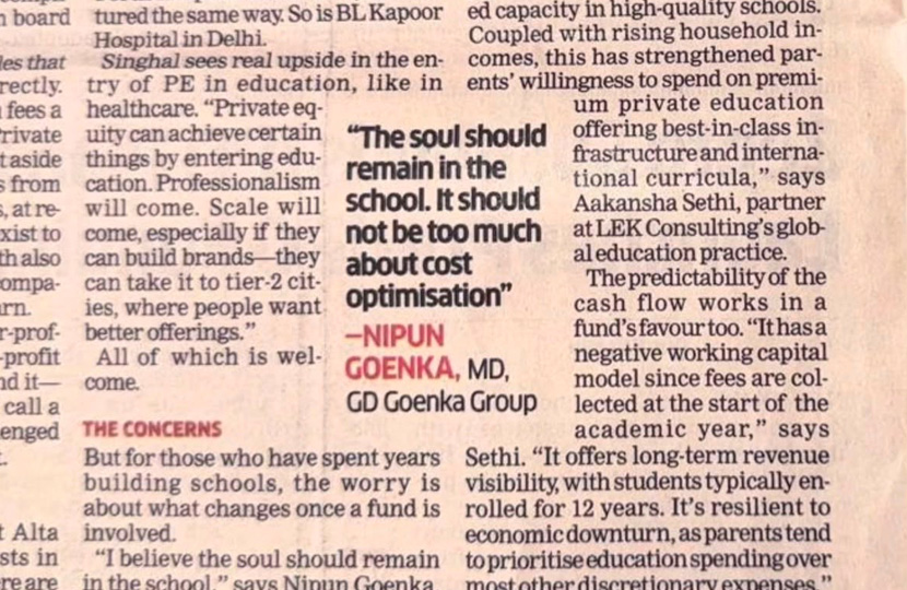 Mr. Nipun Goenka, Managing Director of GD Goenka Group, shares his insights in the 'PE Goes to School' published in The Economic Times